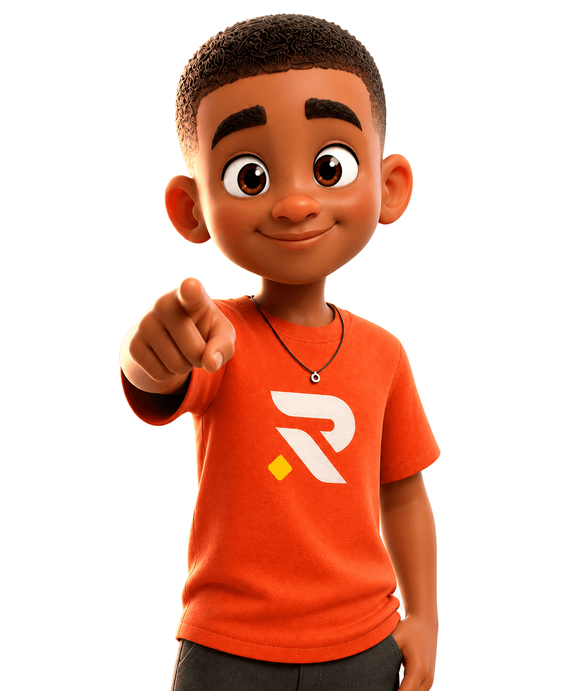 Smiling Royal Horizon character wearing the branded orange shirt and pointing forward